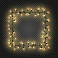 Christmas colorful bulbs, garland forming a square, vector. Festive blank quadratic frame with electric garland