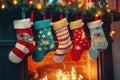 Christmas colorful socks are hanging on the fireplace Royalty Free Stock Photo