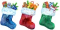 Christmas colorfull socks with gift and white fur. Watercolor illustration. Isolated