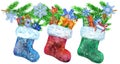 Christmas colorfull socks with gifts and spruce branches. Watercolor illustration. Isolated.