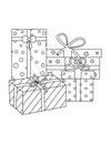 Cute ornate gifts boxes. Black and white coloring page