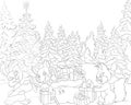 Christmas coloring book for children and adults with cute animals and a bag of gifts on the background of the winter forest