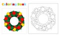 Christmas coloring book for children and adults.Christmas wreath with bells and ribbons. Christmas illustration