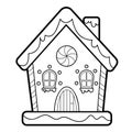 Christmas coloring book or page. Gingerbread house black and white vector illustration