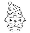 Christmas coloring book or page. Christmas penguin black and white vector illustration