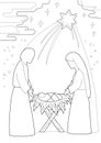 Christmas. Coloring page with baby Jesus, Mary Joseph, three wise men. Black and white