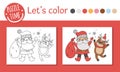 Christmas coloring page for children. Funny Santa Claus with deer. Vector winter holiday outline illustration with Santa and Royalty Free Stock Photo