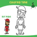 The elf maid Christmas coloring page for kids. Cute and funny cartoon characters.
