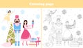 Christmas coloring page with cute nutcracker character and ballerina, flying fairy with wand, xmas tree and presents