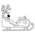 Christmas coloring page with funny reindeer on sleigh, outline greeting card for creativity Royalty Free Stock Photo