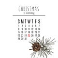 Christmas is coming decoration with countdown days calendar, pine cone and fir branch. Modern minimal Christmas design Royalty Free Stock Photo