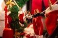 Christmas is coming! Santa Claus clothes drying on the clothesline. Selective Focus Royalty Free Stock Photo