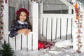 Christmas is coming. winter holiday and vacation. kid in french beret. child enjoy christmas composition. happy