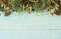 Christmas composition background from Christmas tree branches and gold blue decorations Royalty Free Stock Photo