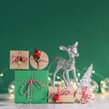 Christmas composition. Background with gift box and decorations.