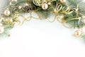 Christmas composition background from Christmas tree branches and gold blue decorations Royalty Free Stock Photo