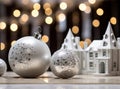 Christmas composition. Christmas balls white and silver, decorative house, christmas tree on white background Royalty Free Stock Photo