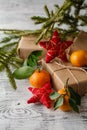 Christmas composition in basket with mandarins and fir tree