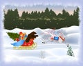 Christmas composition with bear, horse and sleigh for greeting card
