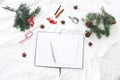 Christmas composition. Blank note pad, greeting cards mock-up scene. Christmas tree branches, red rowan berries, pine