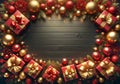 Christmas composition with a border of red and gold baubles, pine branches, and gift boxes with golden bows on a dark wooden Royalty Free Stock Photo