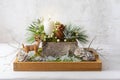 Christmas composition of candle,deer, pine cones, fir branches, flowers, moss, winter berries in wooden box. Cozy home winter Royalty Free Stock Photo