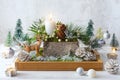 Christmas composition of candles, deer, pine cones, christmas baubles, fir branches, flowers, moss, winter berries in wooden box. Royalty Free Stock Photo