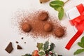 Christmas composition with chocolate truffles sprinkled with cocoa powder top Royalty Free Stock Photo