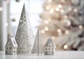 Christmas composition. Christmas balls white and silver, decorative house, christmas tree on white background