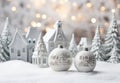 Christmas composition. Christmas balls white and silver, decorative house, christmas tree on white background