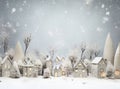 Christmas composition. Christmas balls white and silver, decorative house, christmas tree on white background