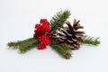Christmas composition. Christmas card, pine branches, toys. Flat lay, top view