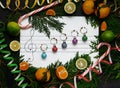 Christmas composition. Christmas decoration balls are arranged on the paper like music notes Royalty Free Stock Photo