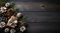 Christmas composition. Christmas fir tree branches, gifts, pine cones on wooden white rustic background. Flat lay, top view. Royalty Free Stock Photo