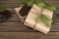 Christmas composition. Christmas gift, pine cones, fir branches