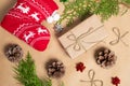 Christmas composition. Christmas gifts, pine branches, toys. Flat lay, top view