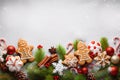 Christmas composition with Christmas handmade gingerbread cookies, winter spices and holidays decorations