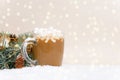 christmas composition cocoa glass glass with marshmallow side garlands snow fir branches