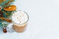 christmas composition cocoa glass glass with marshmallow side garlands snow fir branches