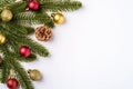 Christmas composition with copy space. Colorful ornament, baubles and fir needles decorations Royalty Free Stock Photo