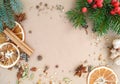 Christmas composition with copy space. Star anise, Christmas tree, rowan, dried orange, spices, ginger, cinnamon stick with copy Royalty Free Stock Photo