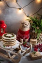 Christmas composition. Cute cat in knitted sweater with festive cake, gifts, fir tree and decorations on gray background. Royalty Free Stock Photo