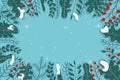 Christmas composition. Christmas decor, pine cones, fir branches and showflakes on green background. Flat lay, top view, copy