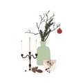 Christmas composition with decor vase and spruce branches, gift box and candles