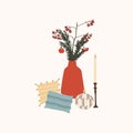 Christmas composition with decor vase and spruce branches, sofa cushions and candles