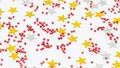 Christmas composition decoration. Pattern made of silver and gold star, golden decorations and red berries Royalty Free Stock Photo