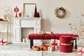 Christmas composition with decoration, christmas tree, gifts, snow and accessories in cozy home decor.