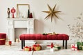 Christmas composition with decoration, christmas tree, gifts, snow and accessories in cozy home decor. Copy space.