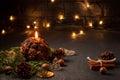 Christmas composition - decorative candle, Christmas tree branches and decorations on a dark background with blurry Royalty Free Stock Photo