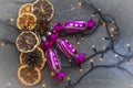 Christmas composition of dried orange and lemon slices with candy toys, garland lights on gray background. Top view, selective Royalty Free Stock Photo